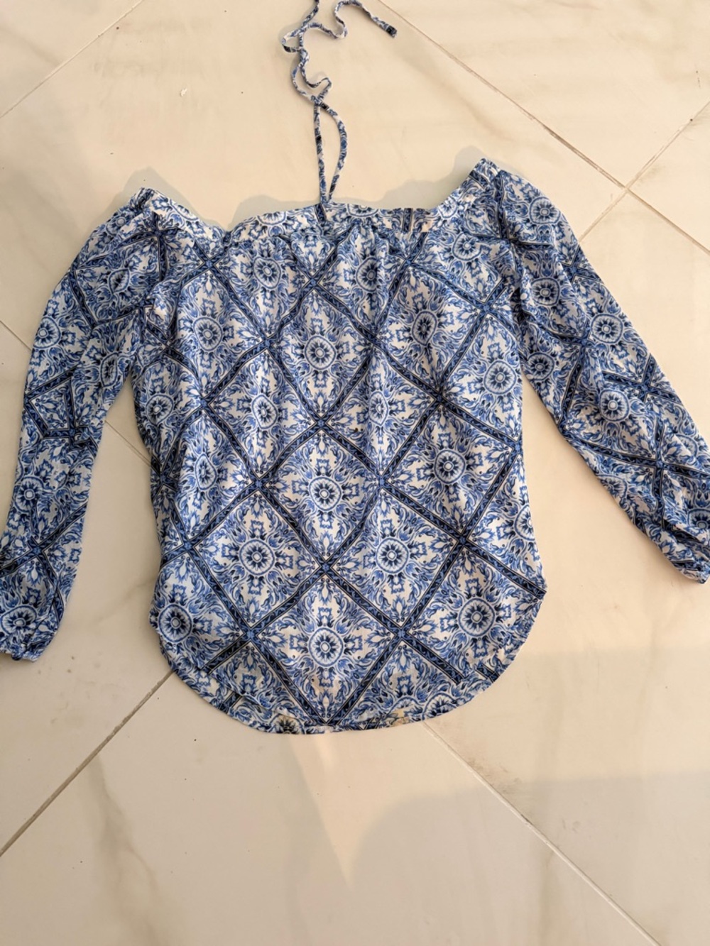 Tart Blue and White Tile-Print Off-Shoulder Blouse